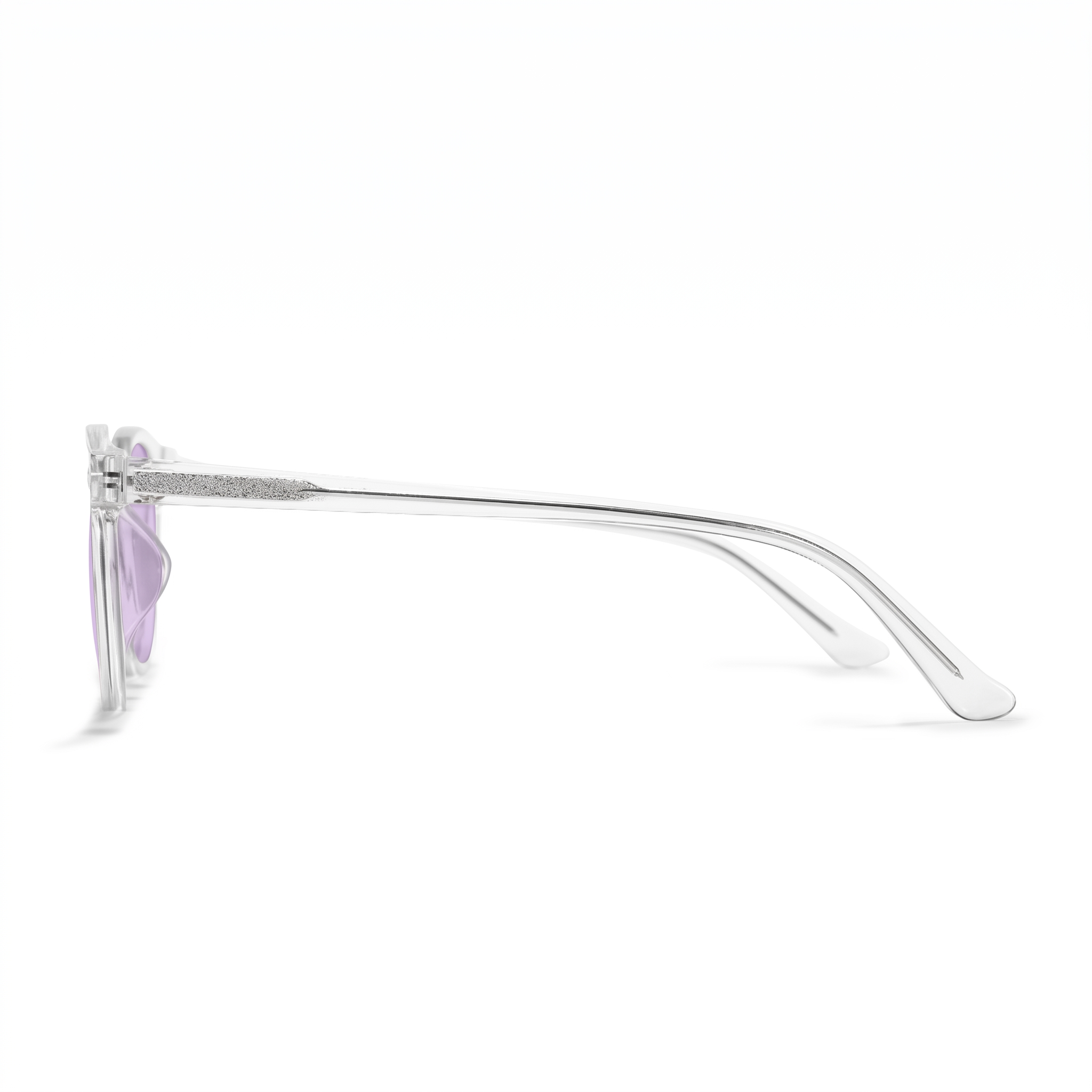 A pair of sunglasses shown in side profile on a clean white background, featuring a silver metal frame and light purple lenses.