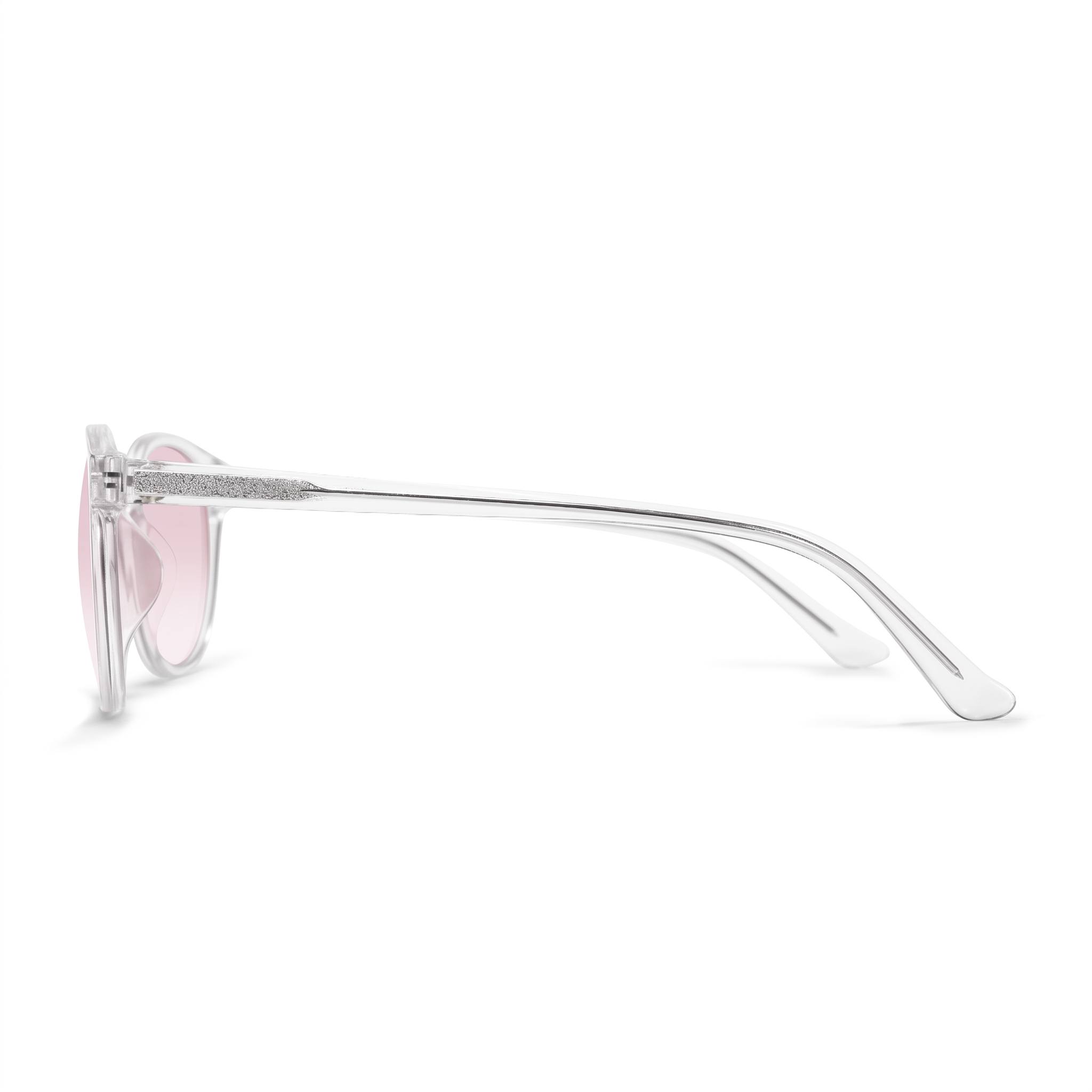A pair of sunglasses with a silver-tone double-bridge frame and light pink lenses, shown in a side profile view against a white background.