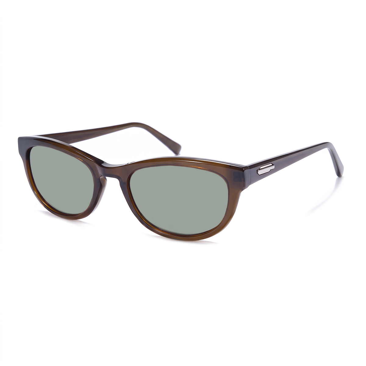 A pair of classic cat-eye sunglasses with a translucent brown acetate frame and muted green-tinted lenses, shown on a clean white background.