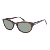 A pair of classic cat-eye sunglasses with a translucent brown acetate frame and muted green-tinted lenses, shown on a clean white background.