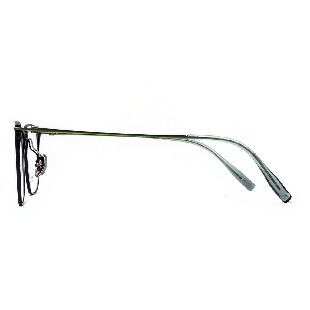 Eyeglasses with a green frame on a white background