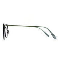 Eyeglasses with a green frame on a white background