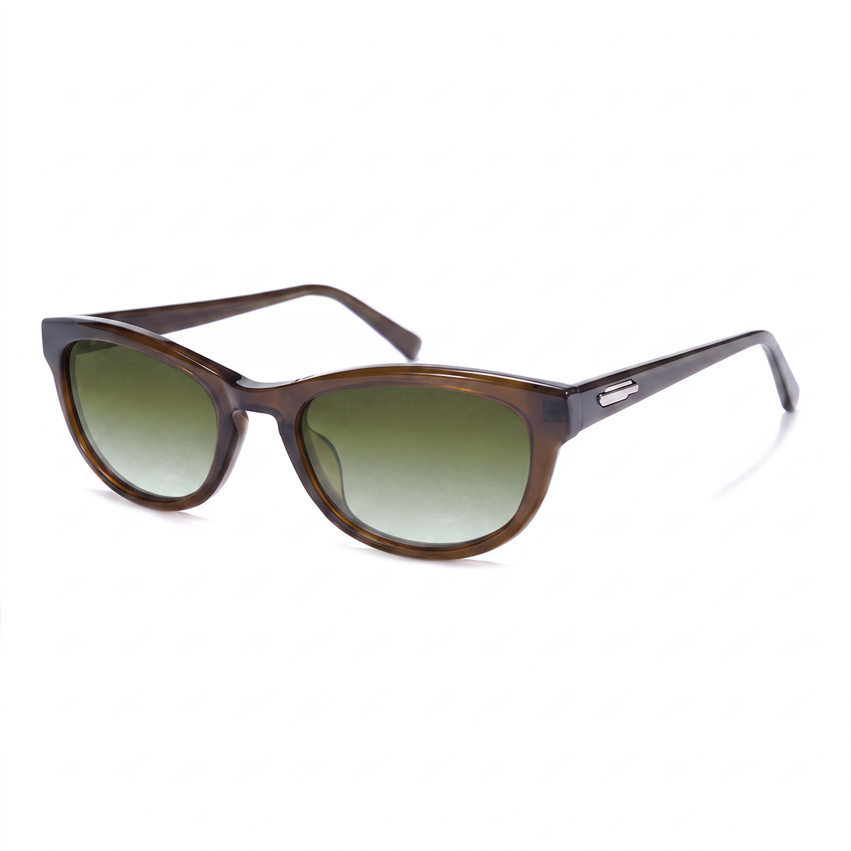 A pair of classic-style sunglasses with a translucent brown acetate frame and green gradient lenses, shown on a plain white background.