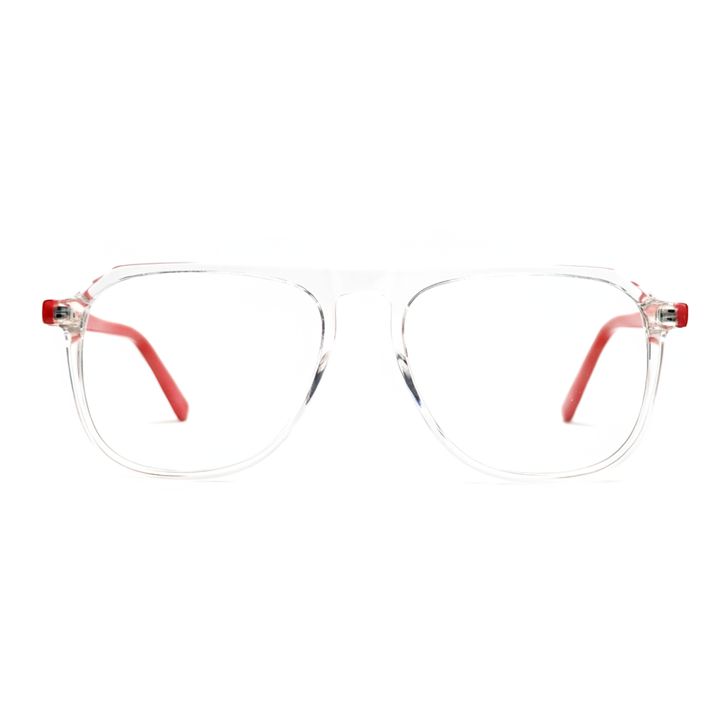 Clear eyeglasses with red arms on a white background