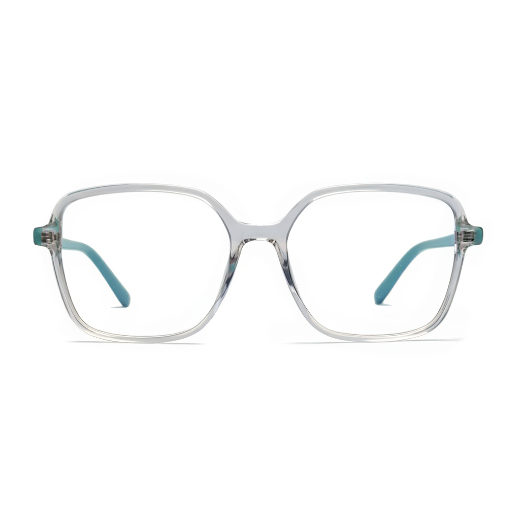 Clear eyeglasses with blue temple tips on a white background
