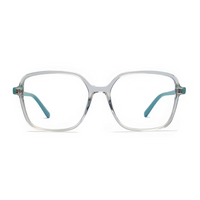Clear eyeglasses with blue temple tips on a white background