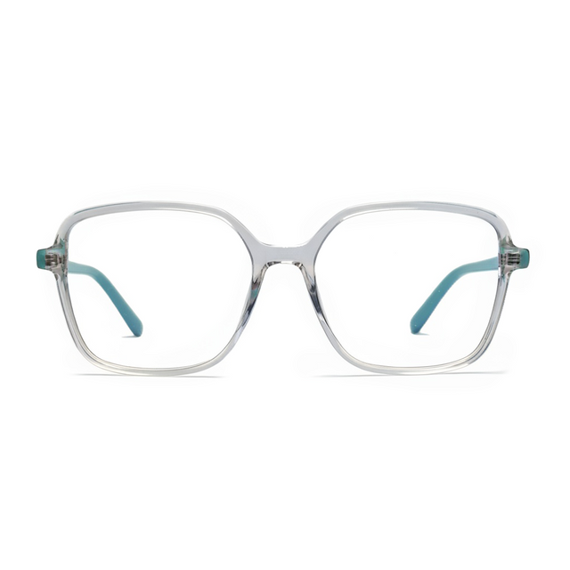 Clear eyeglasses with blue temple tips on a white background