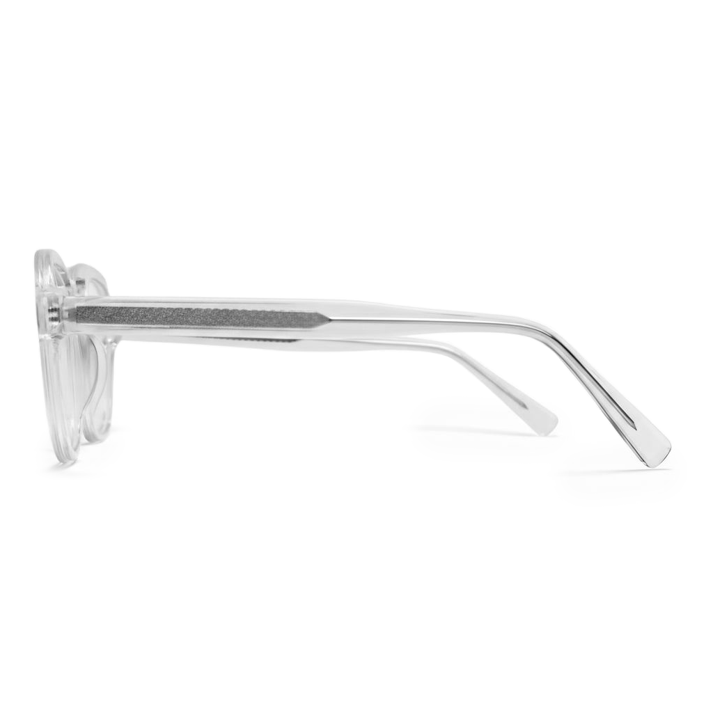 Clear eyeglasses with thin metal frame on a white background