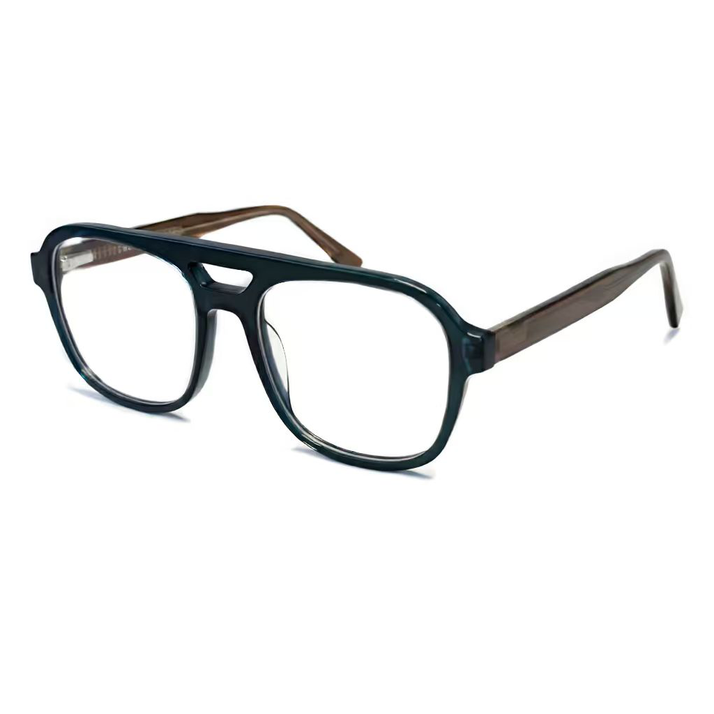 Black eyeglasses with brown accents on a white background