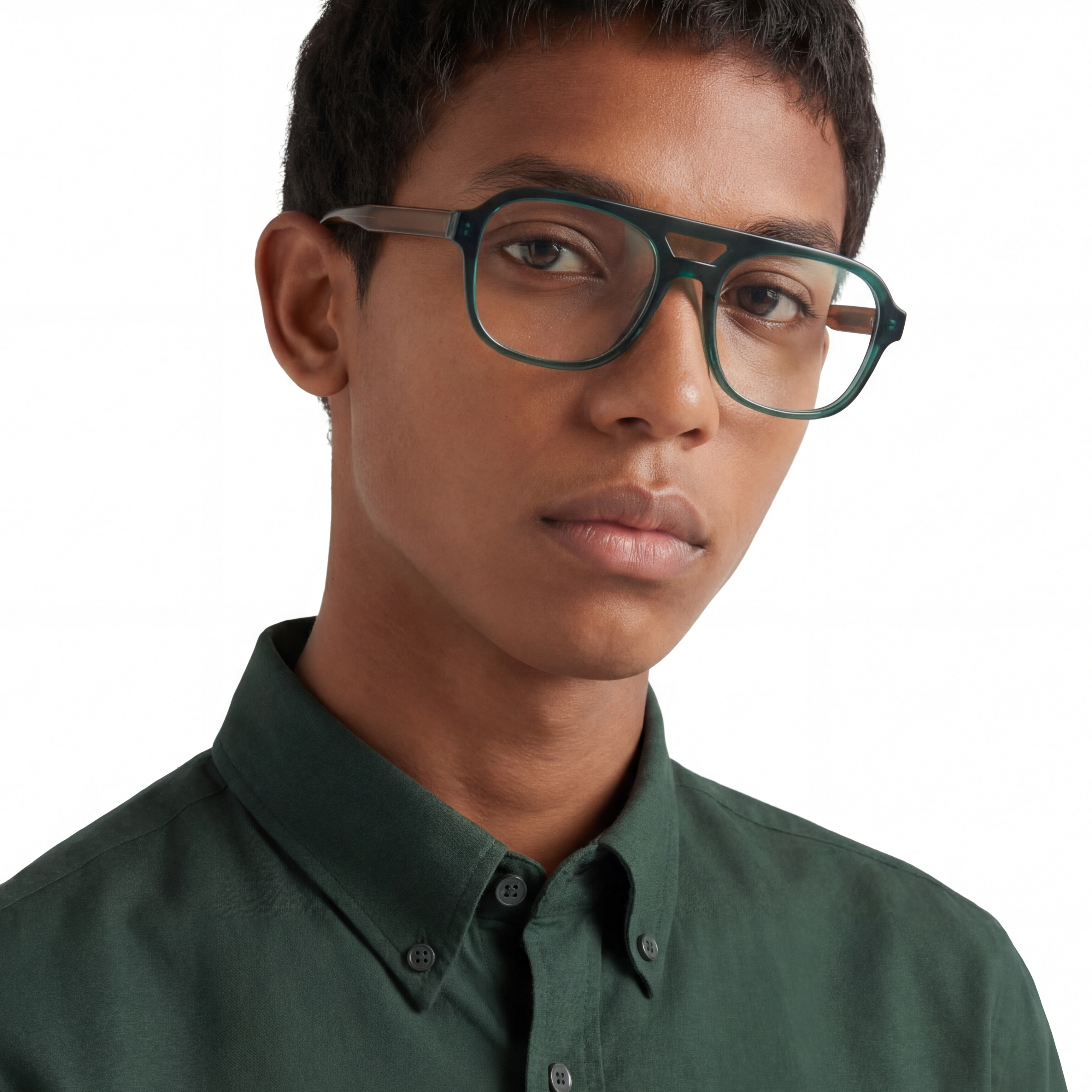 Person wearing green glasses and a green shirt on a white background