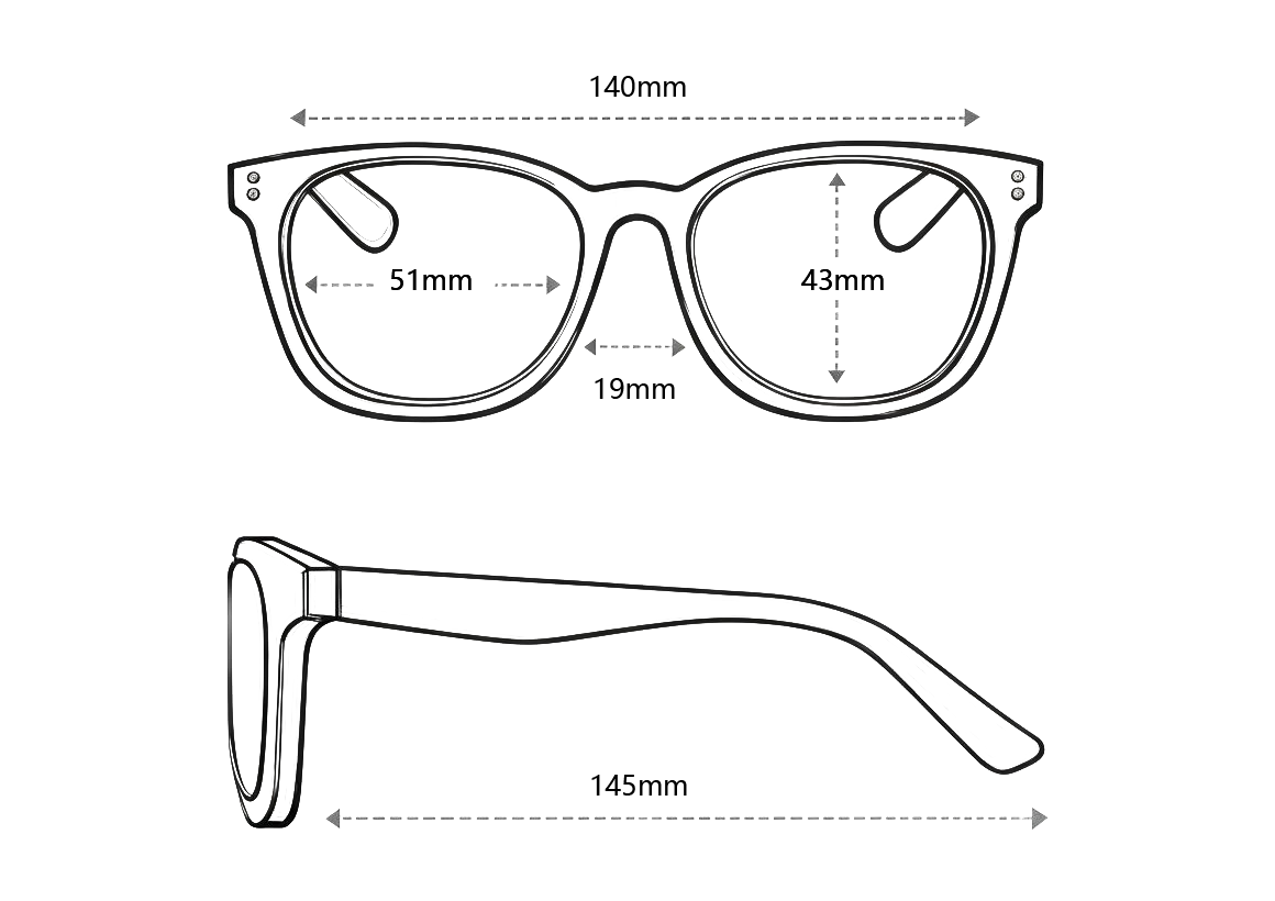 Measurement chart of a pair of glasses with dimensions labeled.
