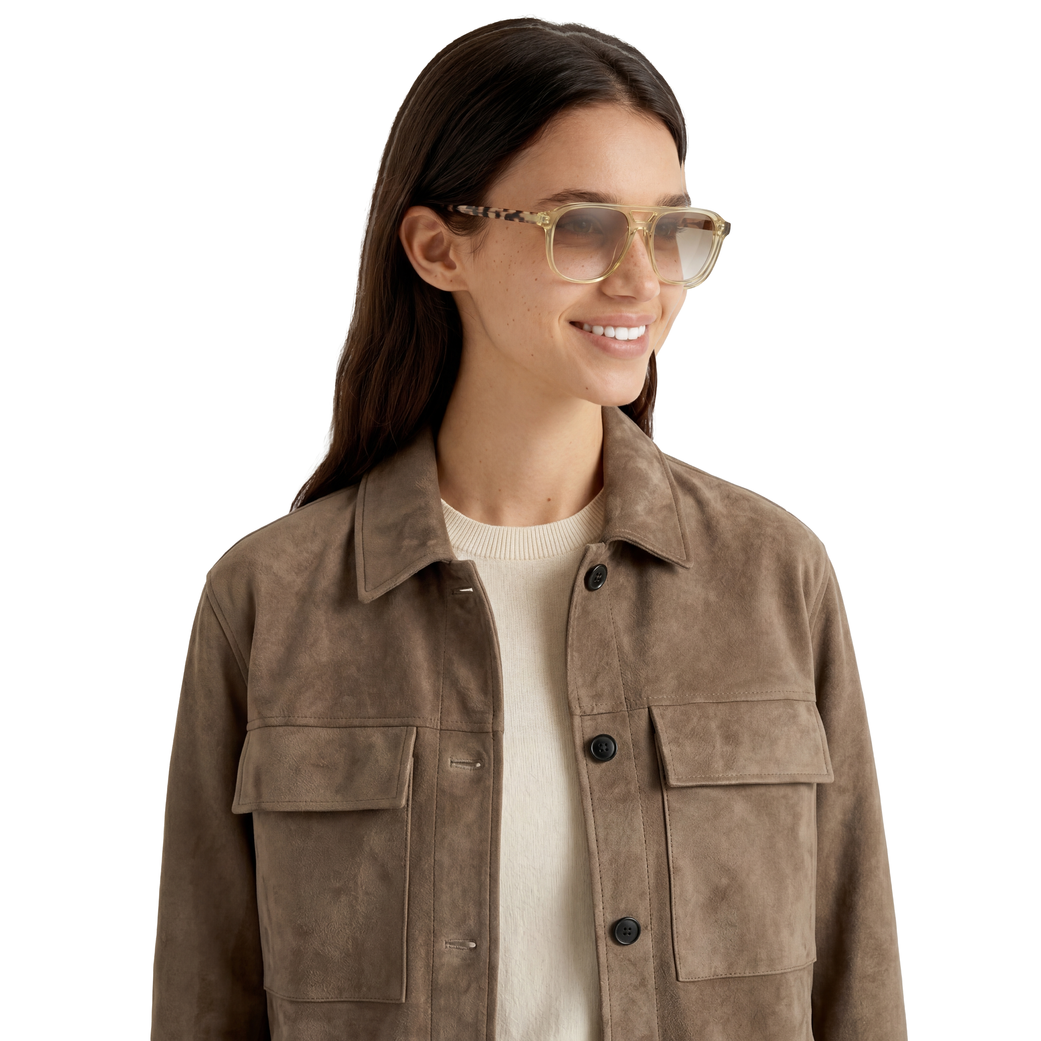 Woman wearing a brown jacket and sunglasses on a white background