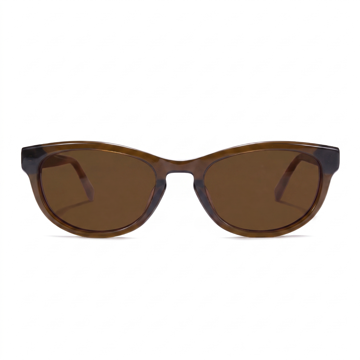 A pair of cat-eye sunglasses with a translucent brown acetate frame and matching brown tinted lenses, shown against a plain white background.