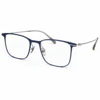 Blue eyeglasses with silver accents on a white background