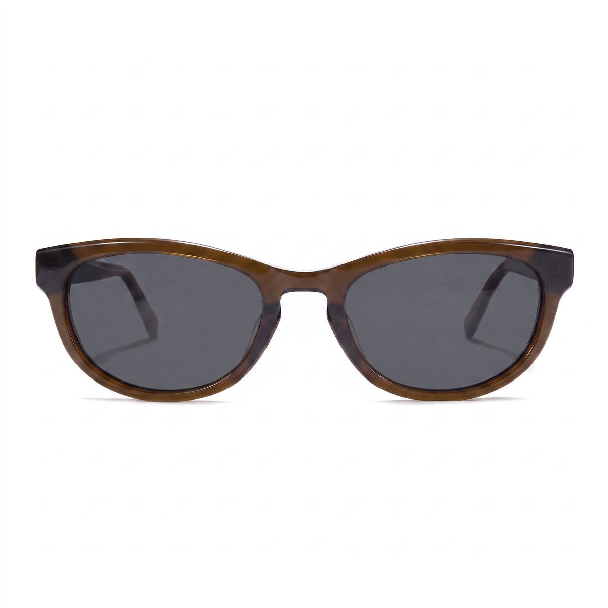 Oversized cat-eye sunglasses with a translucent brown acetate frame and dark gray lenses, shown against a plain white background.
