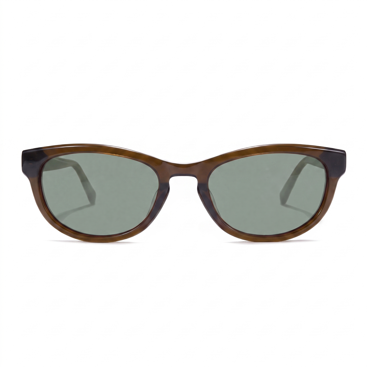 Oversized sunglasses with a translucent brown and black tortoiseshell frame and muted green-gray lenses, shown against a plain white background.