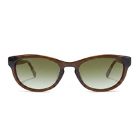 Cat-eye sunglasses with a translucent brown acetate frame and gradient green lenses, shown against a plain white background.