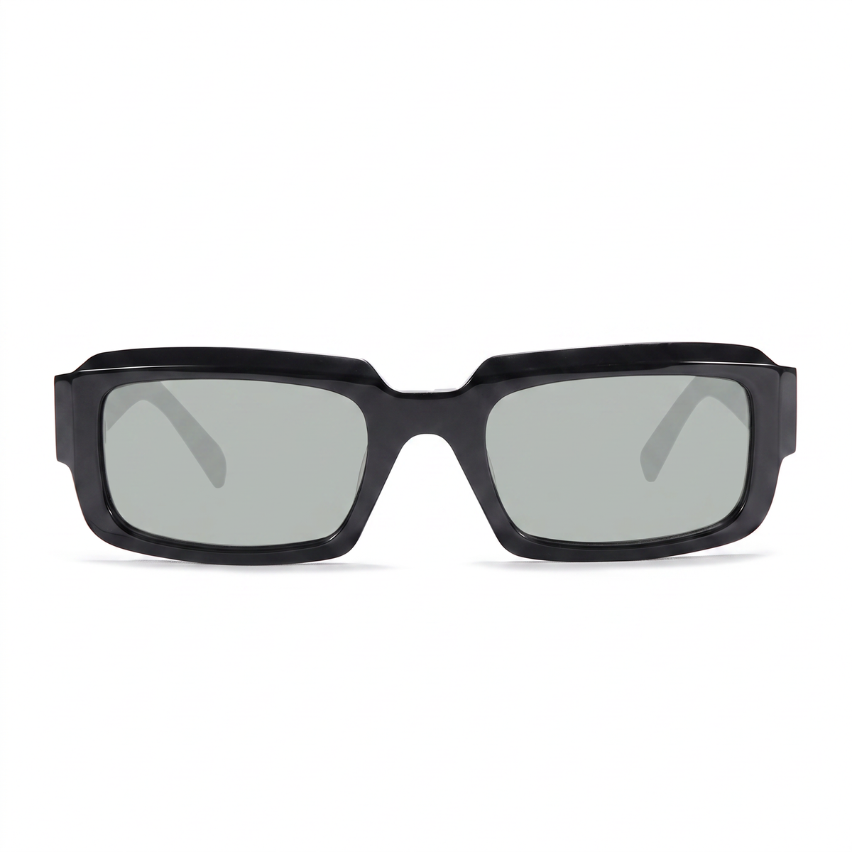 A pair of chunky, oversized square sunglasses with a glossy black frame and light gray lenses, shown from a front-facing perspective on a clean white background.