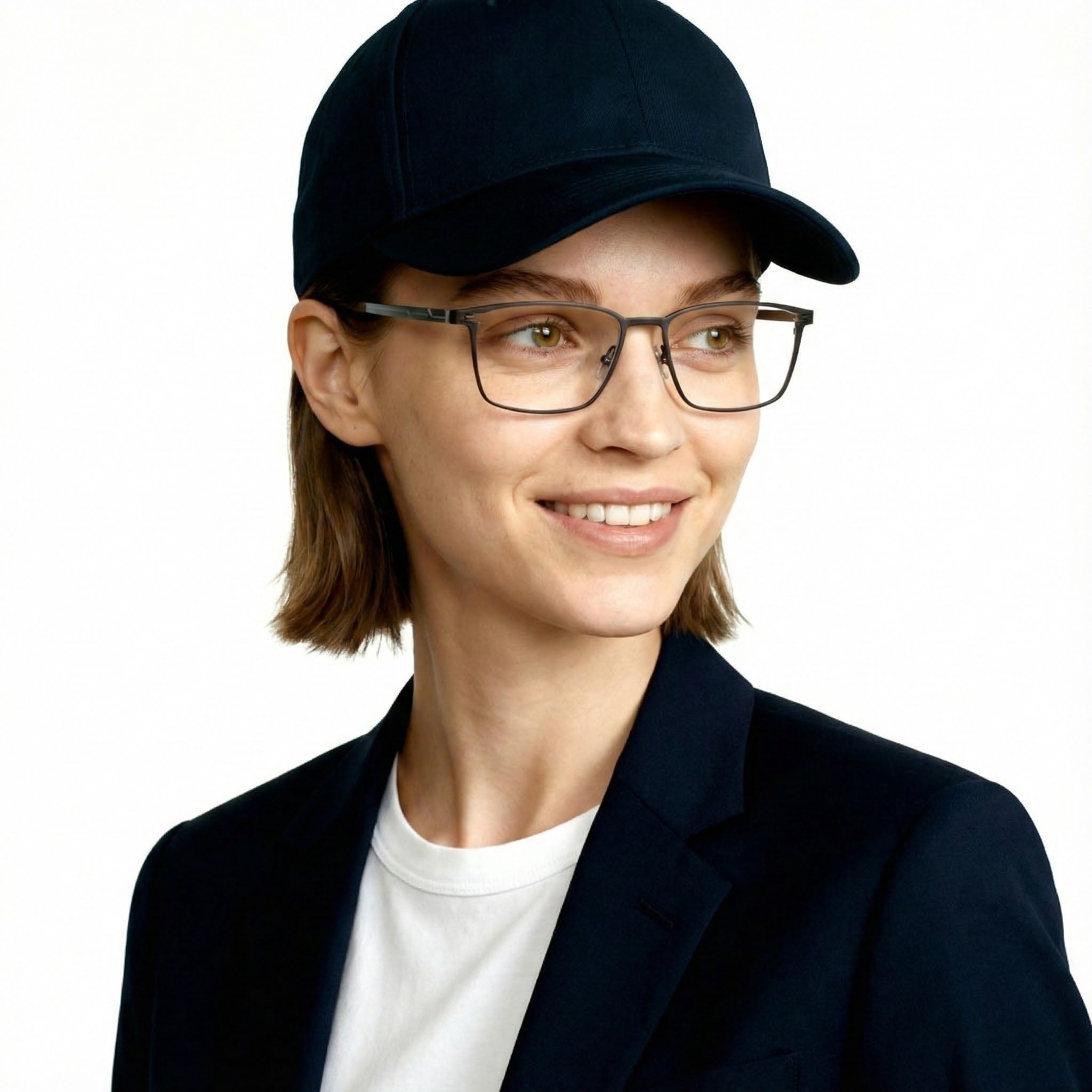Person wearing a black cap and dark blazer on a white background