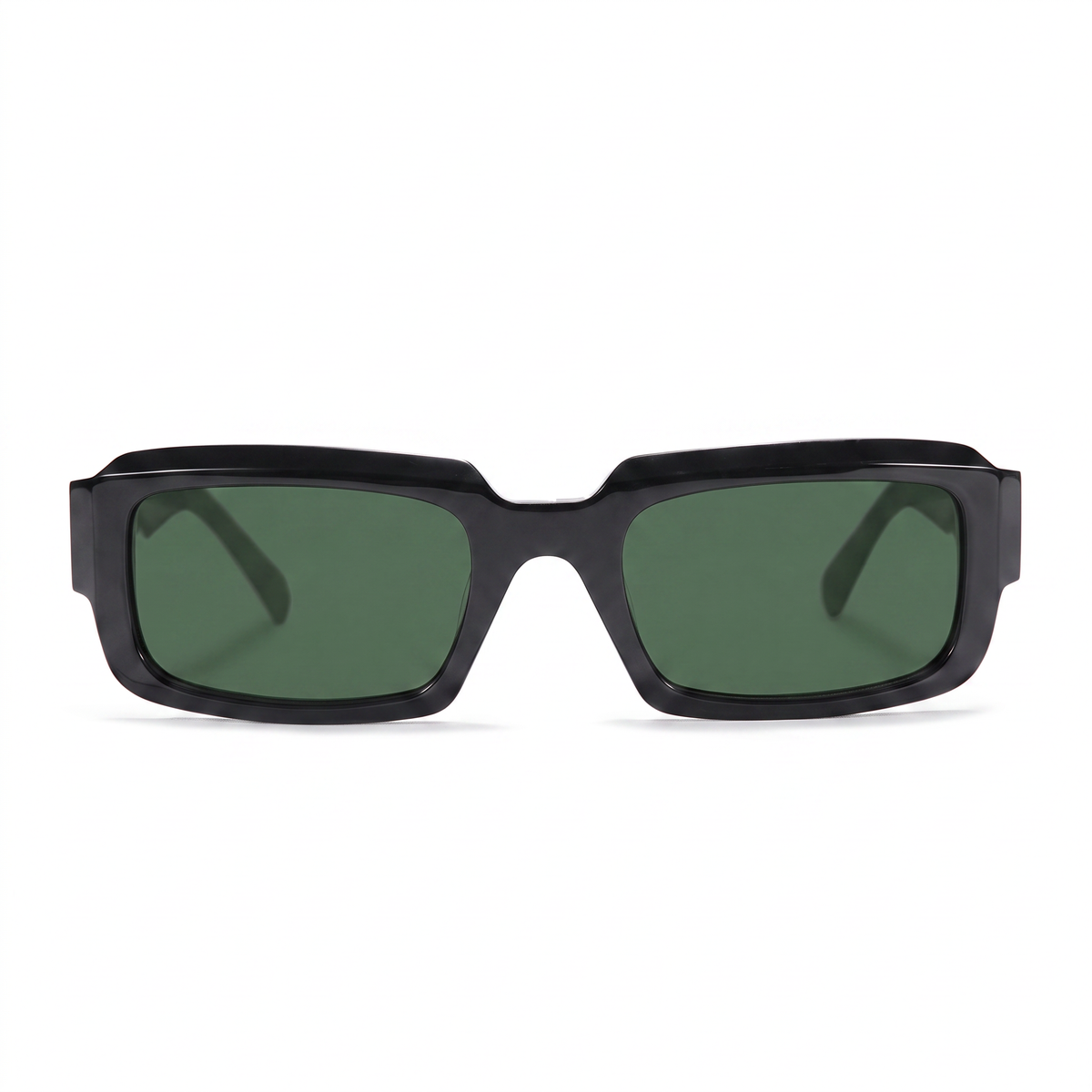 Black square sunglasses with green lenses, shown from the front on a white background.