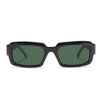 Black square sunglasses with green lenses, shown from the front on a white background.