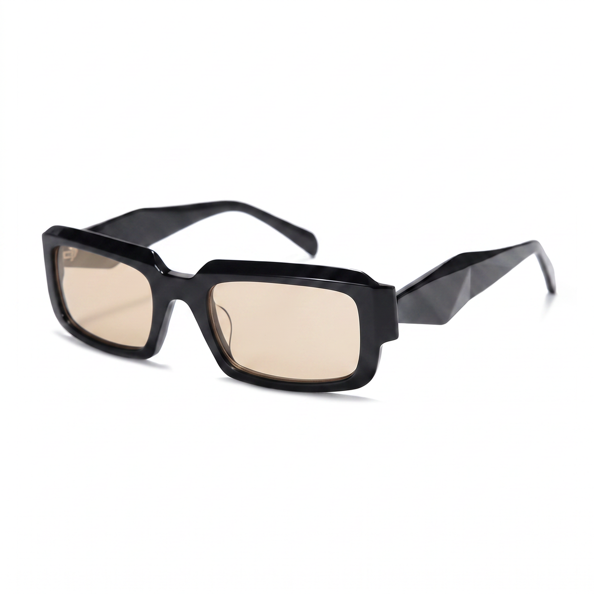 Rectangular sunglasses with a thick black frame and light brown tinted lenses, shown at a three-quarter angle on a white background.
