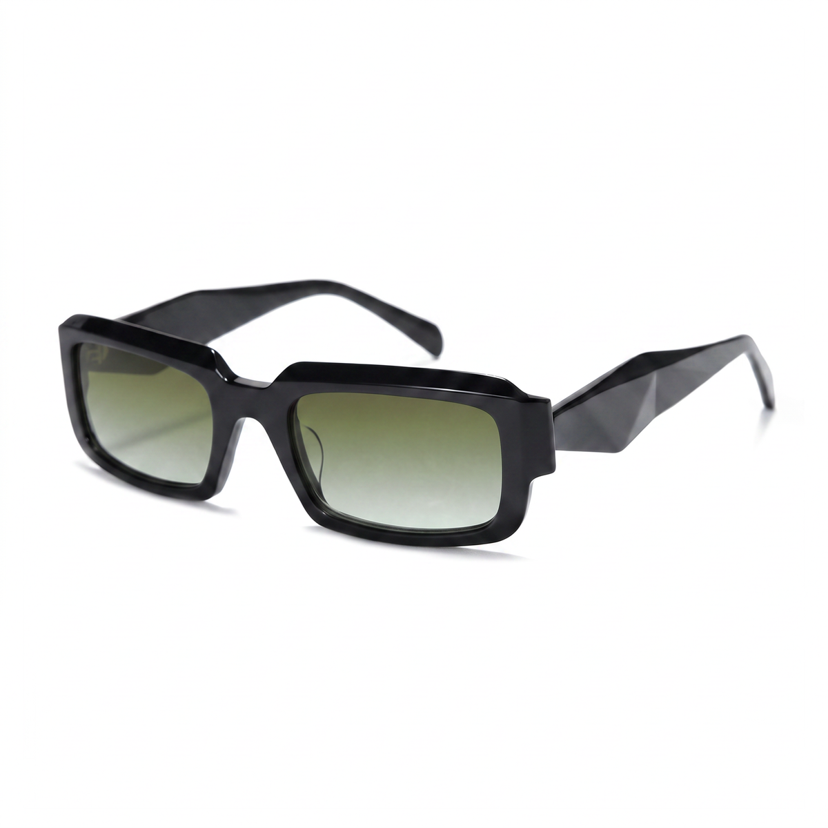 Rectangular black sunglasses with gradient green lenses and angular black temples, shown on a clean white background.