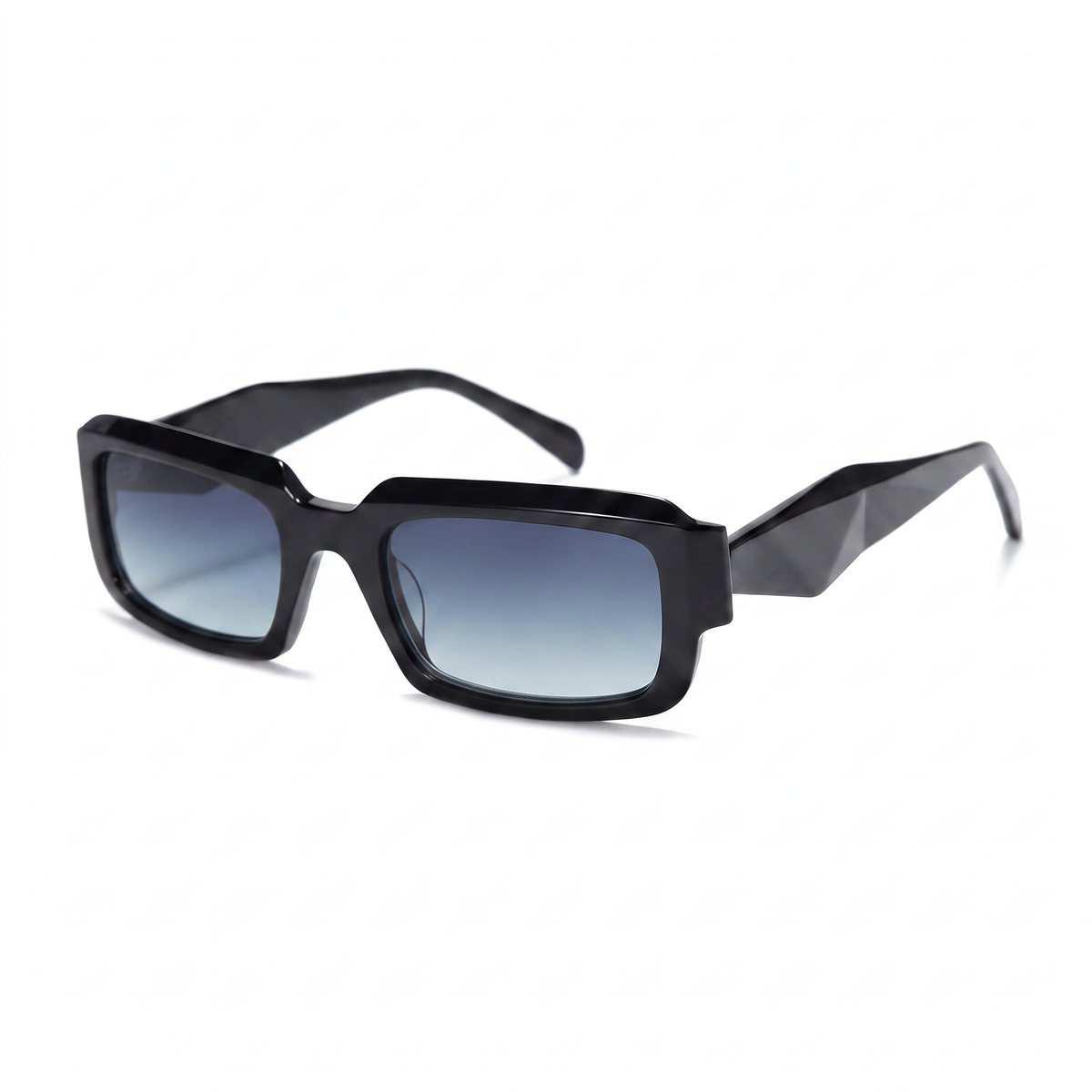 Black geometric square sunglasses with gradient blue-gray lenses, shown on a clean white background.