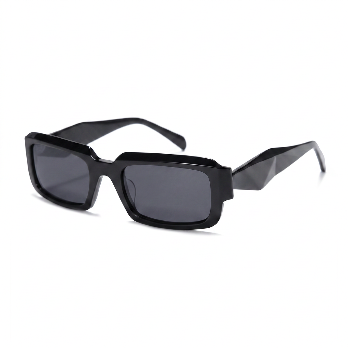 Black sunglasses with a brand logo on a white background