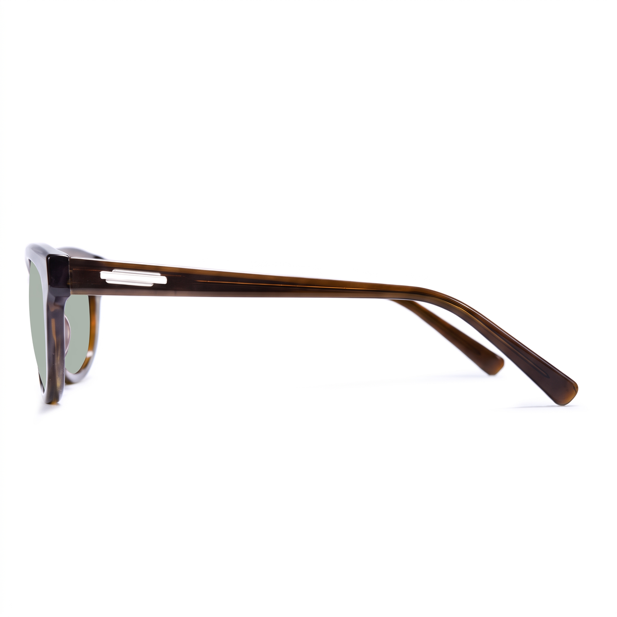 Side profile of a pair of sunglasses with a translucent dark brown acetate frame and brown lenses, shown on a solid white background.