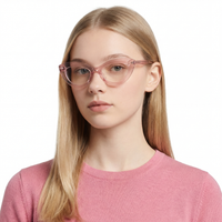Person wearing pink glasses and a pink shirt on a white background