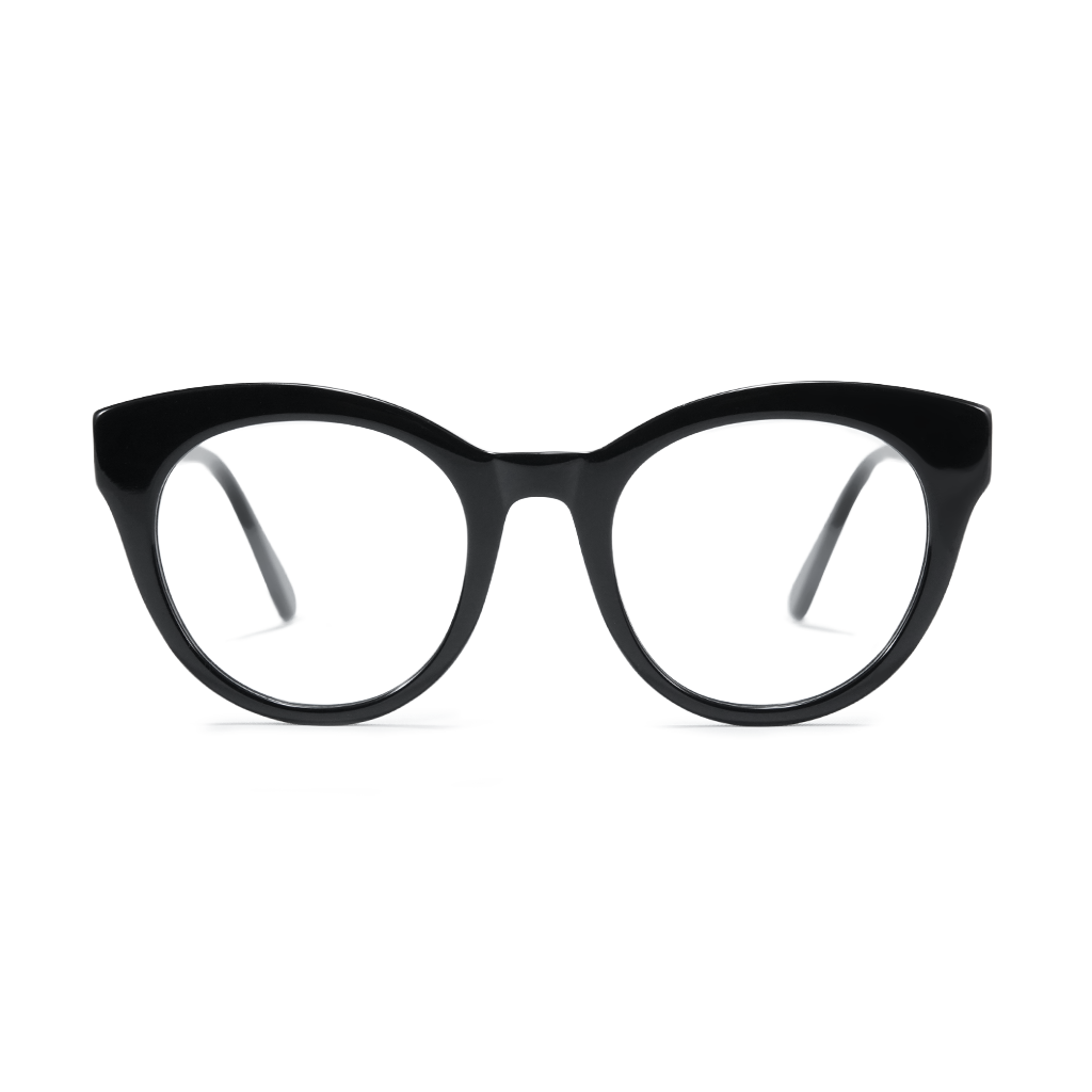 Black cat-eye eyeglass frames with clear lenses, shown from the front on a solid white background.