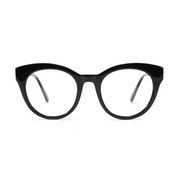 Black cat-eye eyeglass frames with clear lenses, shown from the front on a solid white background.