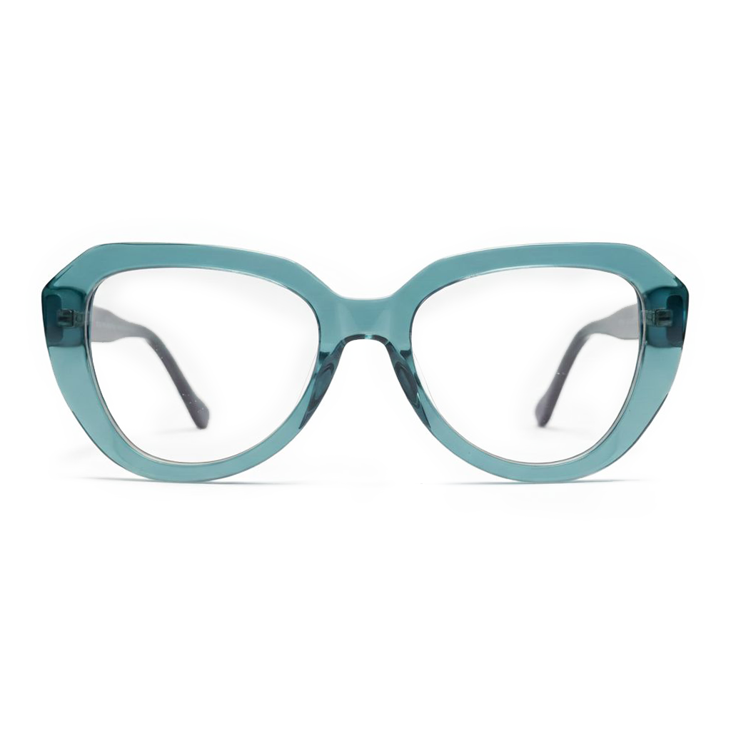 Teal cat-eye glasses on a white background