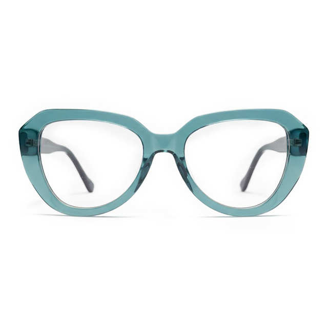 Teal cat-eye glasses on a white background