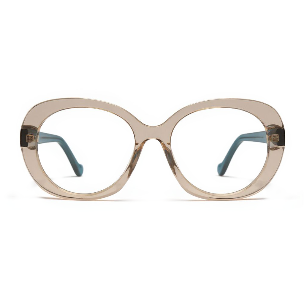 Round eyeglasses with a beige frame on a white background