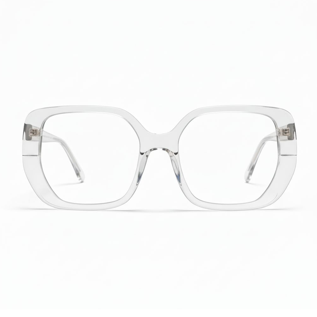 Clear eyeglasses with silver accents on a white background