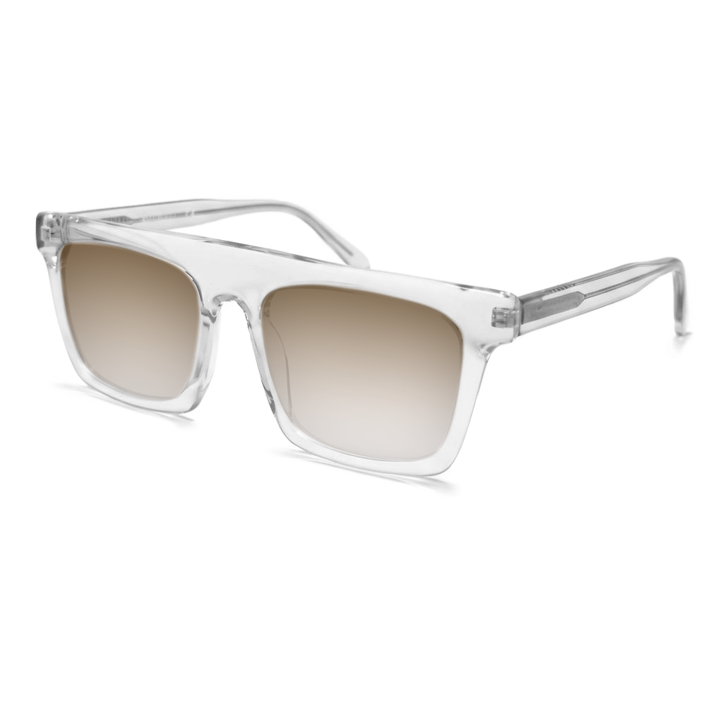Clear frame sunglasses with gradient lenses on a white background