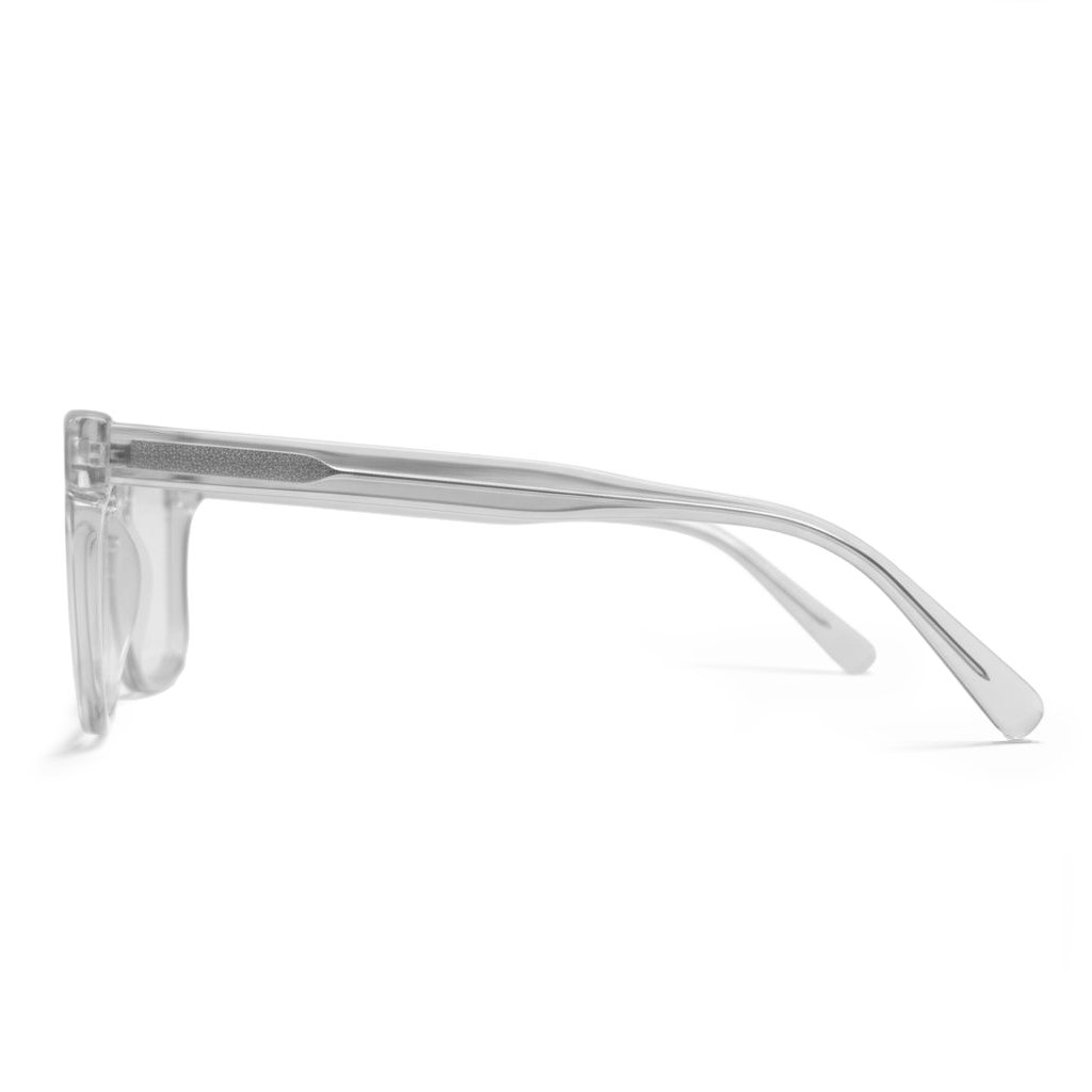 Sunglasses with a black frame and red and blue accents on a white background