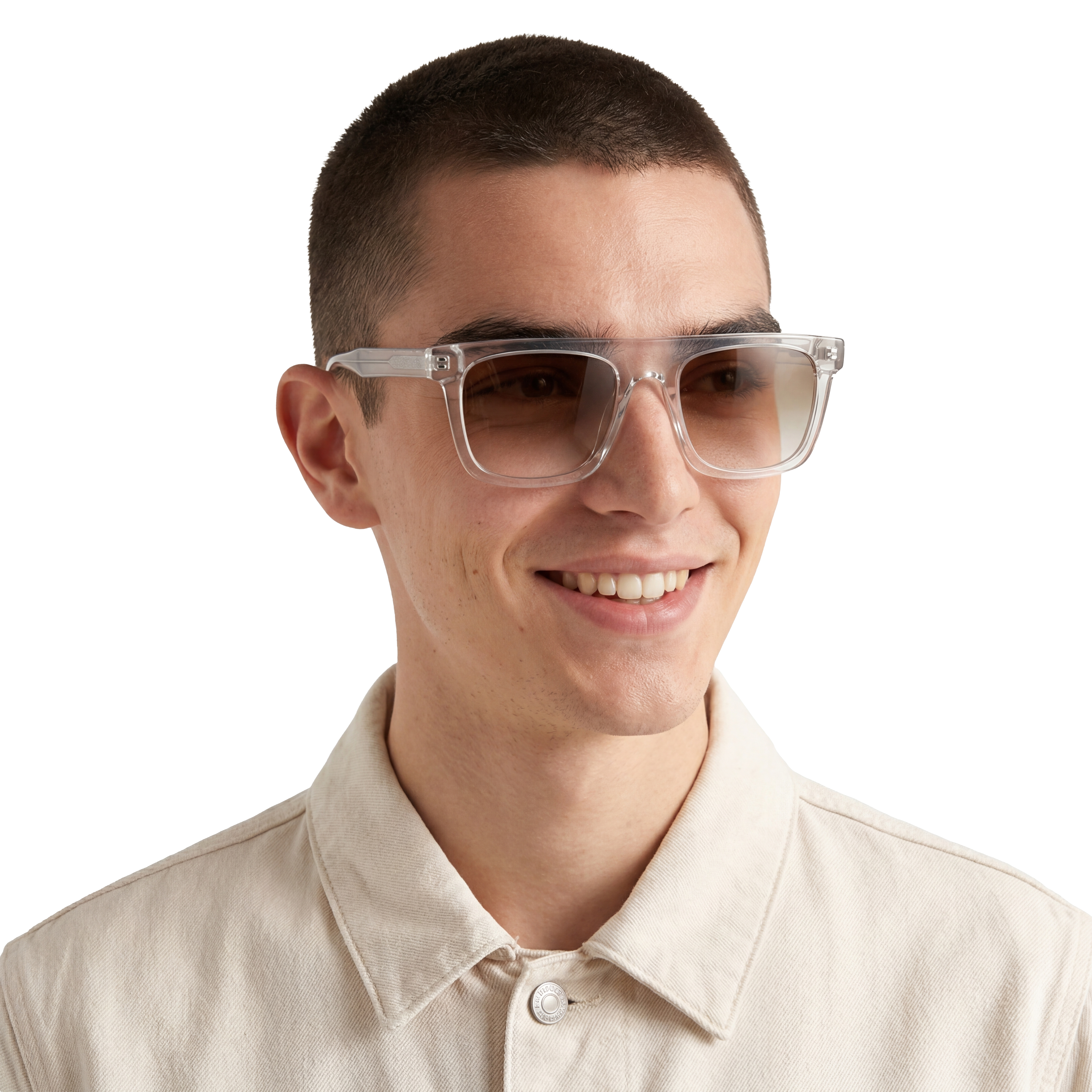 Man wearing clear sunglasses and a light-colored shirt on a white background