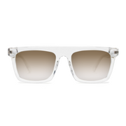 Clear frame sunglasses with gradient lenses on a white background