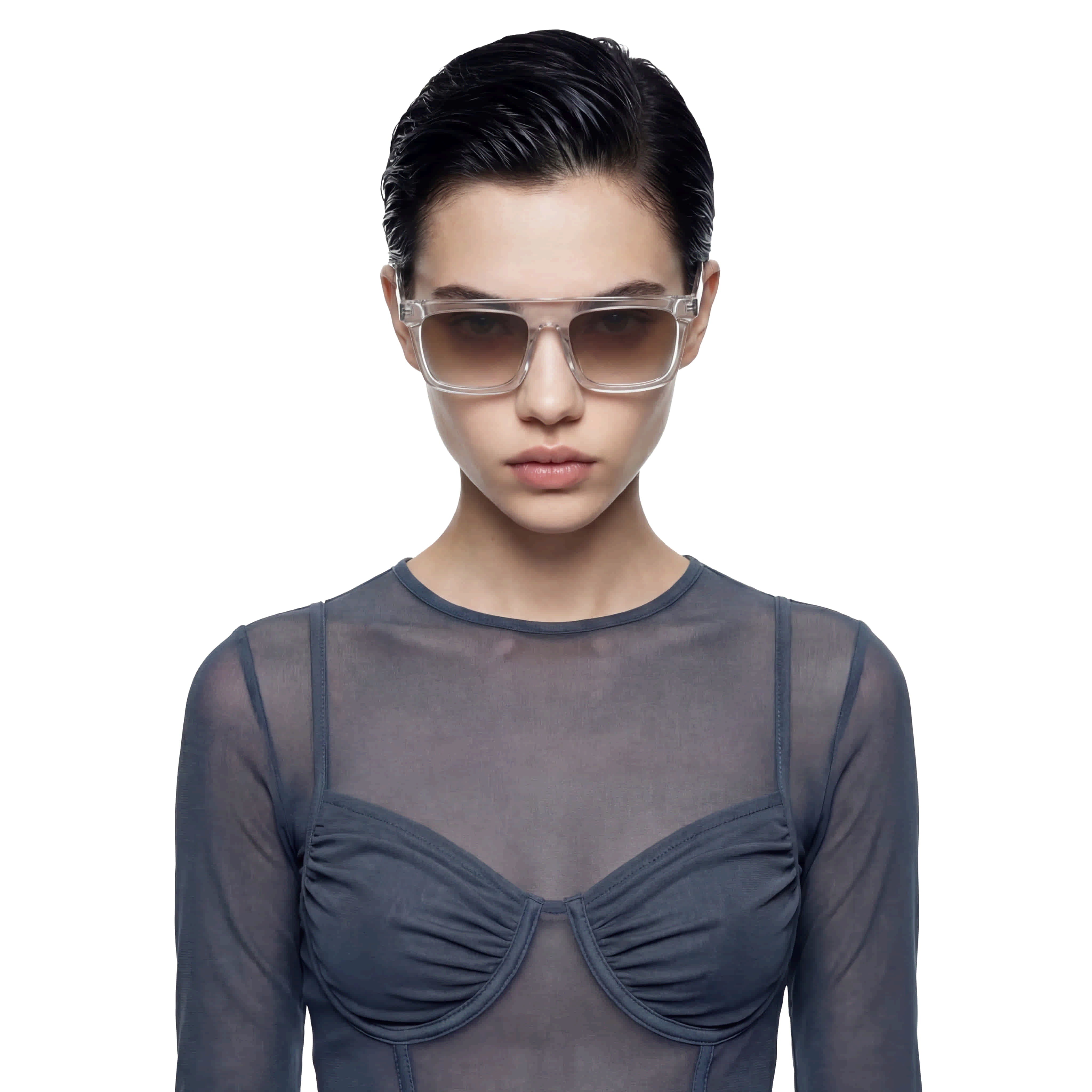Woman wearing a sheer blue top and sunglasses on a white background