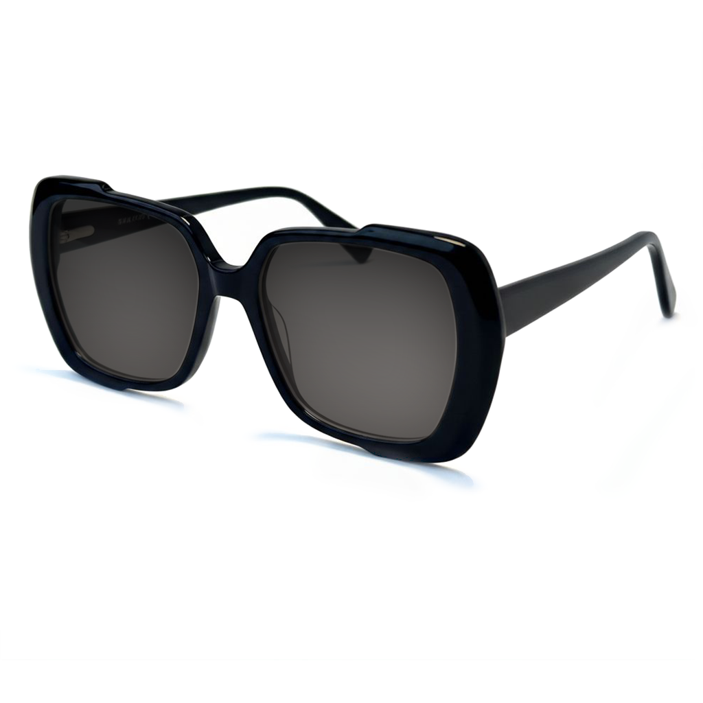 Black sunglasses with dark lenses on a white background
