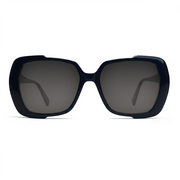 Black sunglasses with dark lenses on a white background
