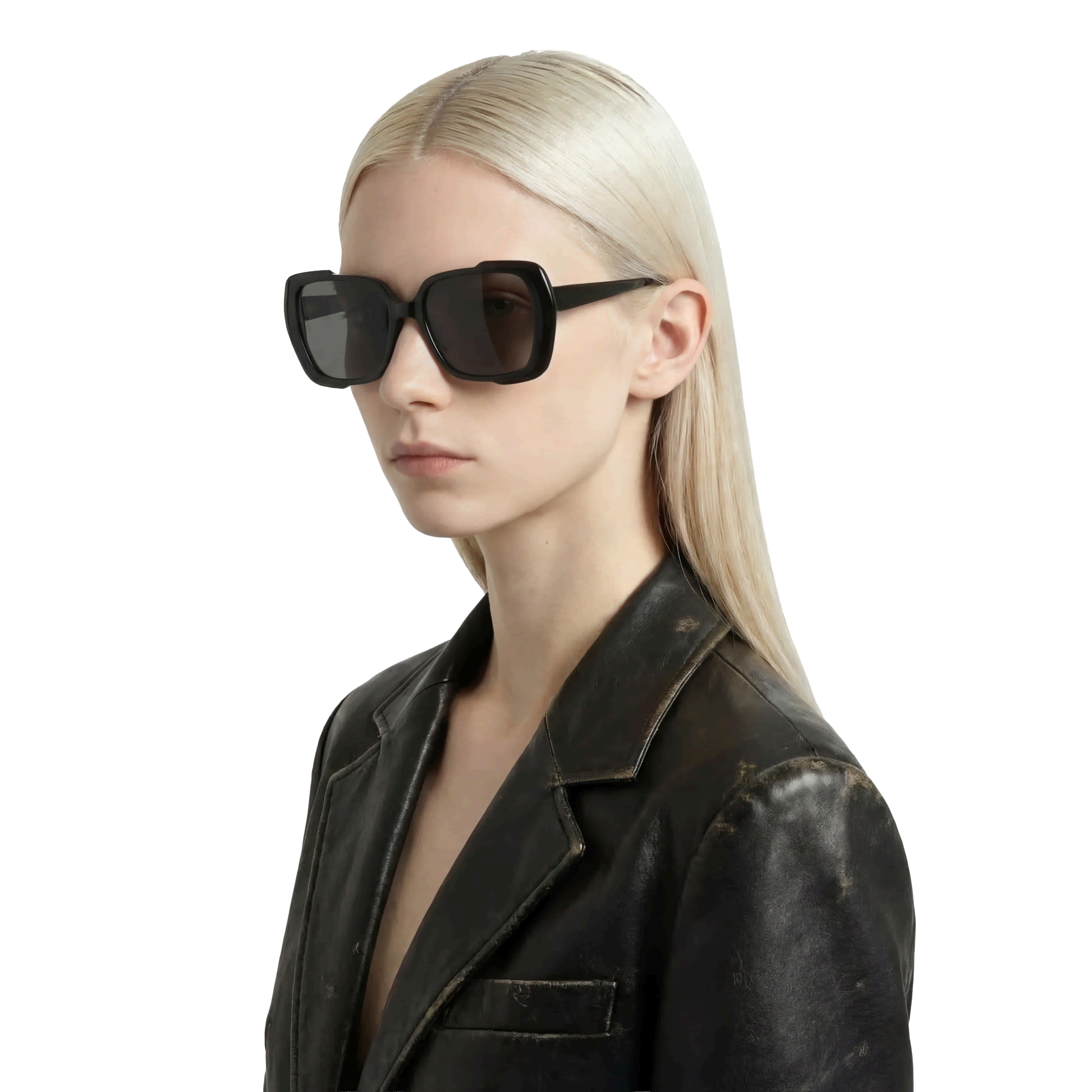 Person wearing a black leather jacket and sunglasses on a white background