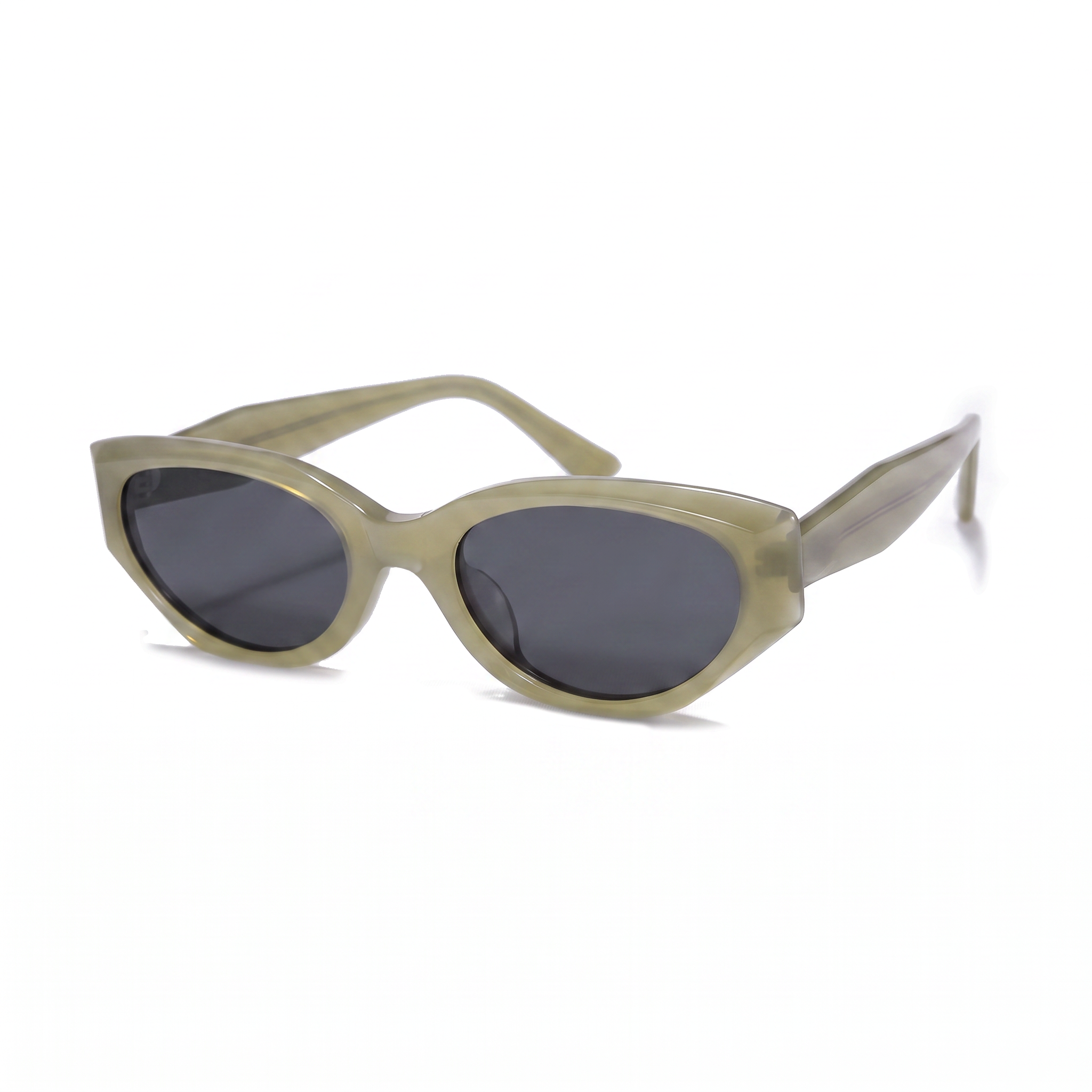 Oversized cat-eye sunglasses with a translucent olive green acetate frame and dark gray lenses, shown on a plain white background.