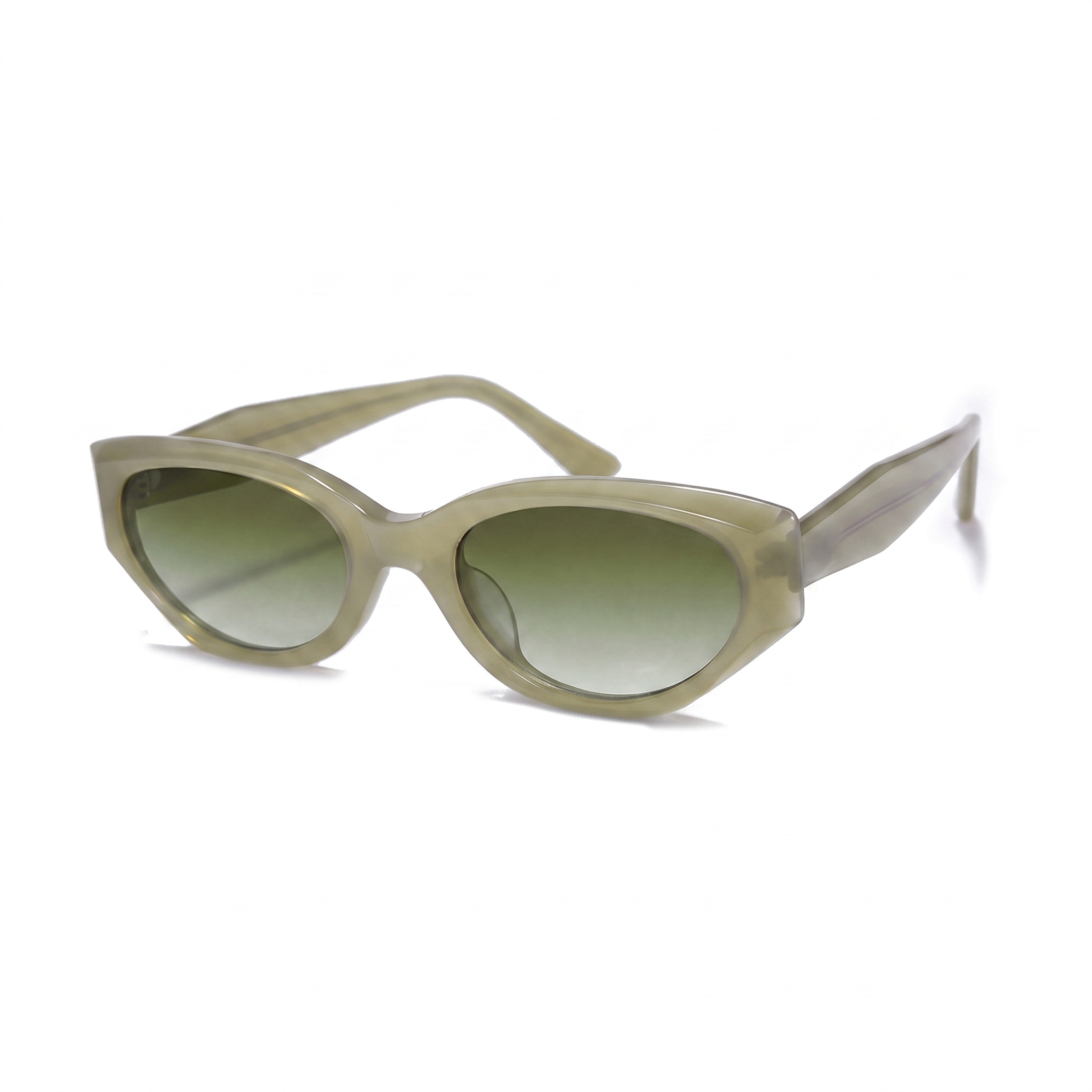 Oversized cat-eye sunglasses with a translucent olive green acetate frame and matching gradient green lenses, shown on a plain white background.