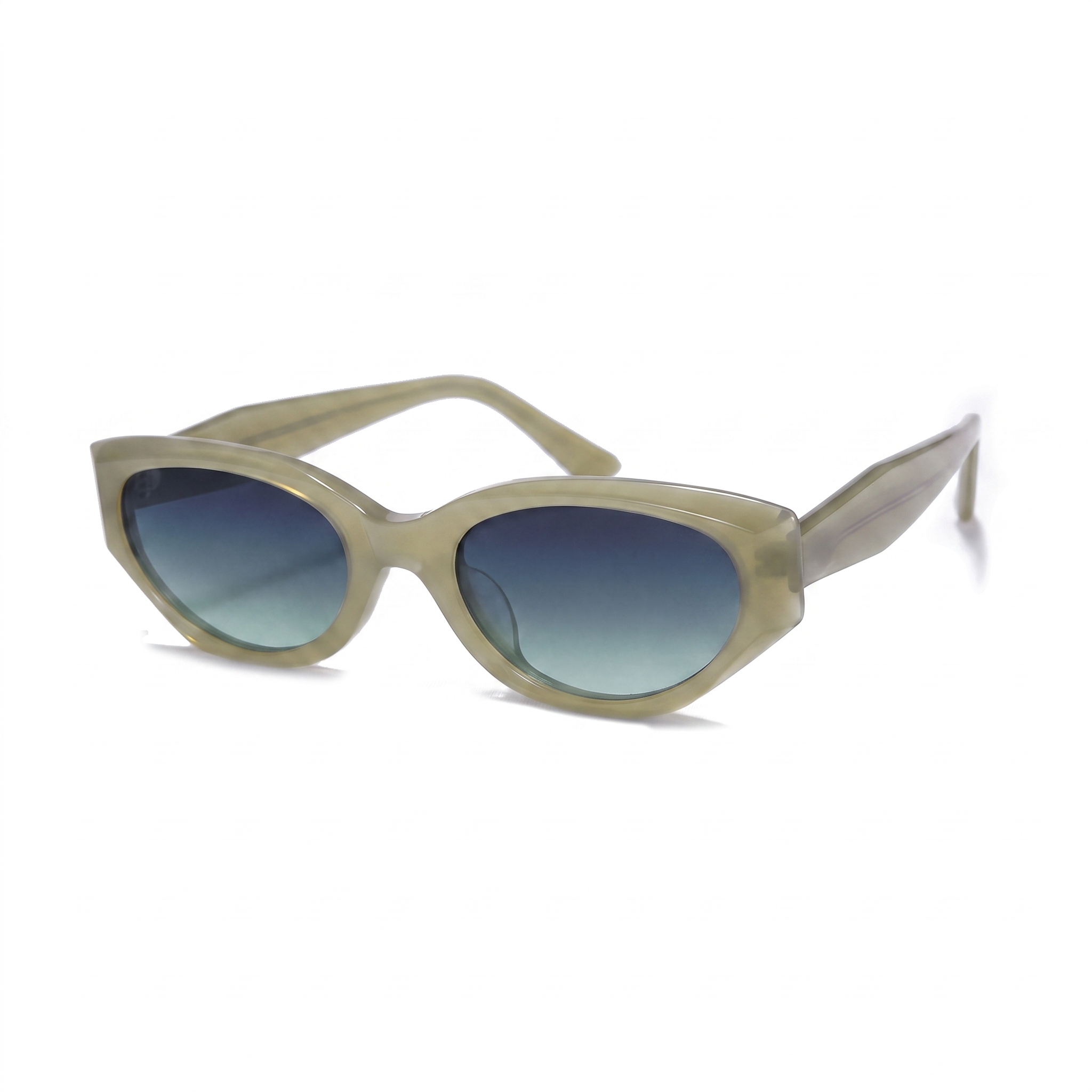 Cat-eye sunglasses with a translucent olive green acetate frame and gradient blue-to-green tinted lenses, shown on a plain white background.