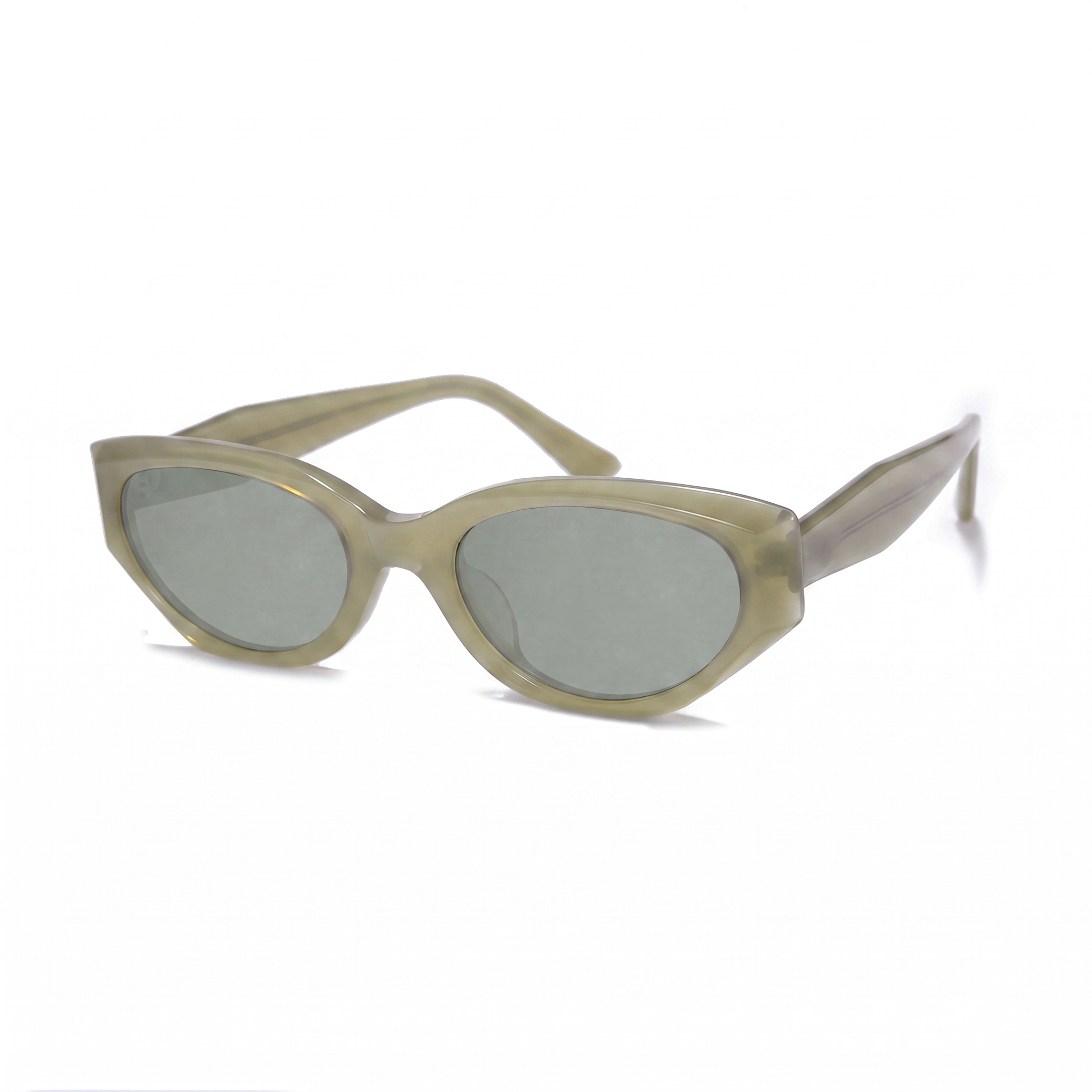 Oversized cat-eye sunglasses with a translucent olive green acetate frame and matching tinted lenses, shown on a plain white background.