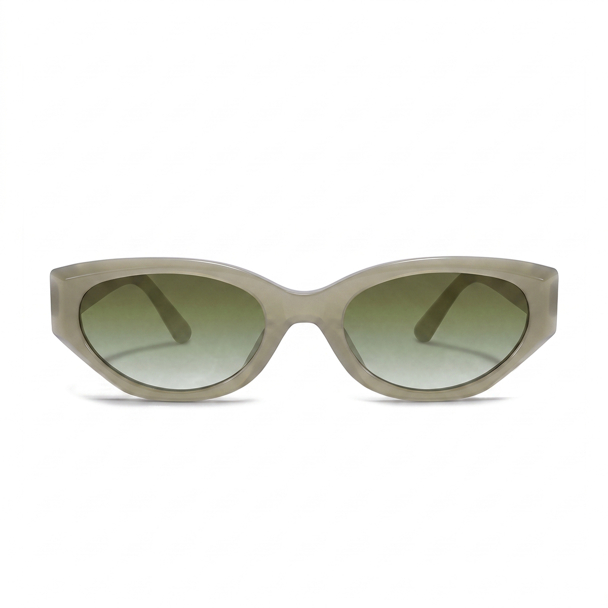 Oversized cat-eye sunglasses with a translucent taupe frame and gradient green lenses, shown against a plain white background.